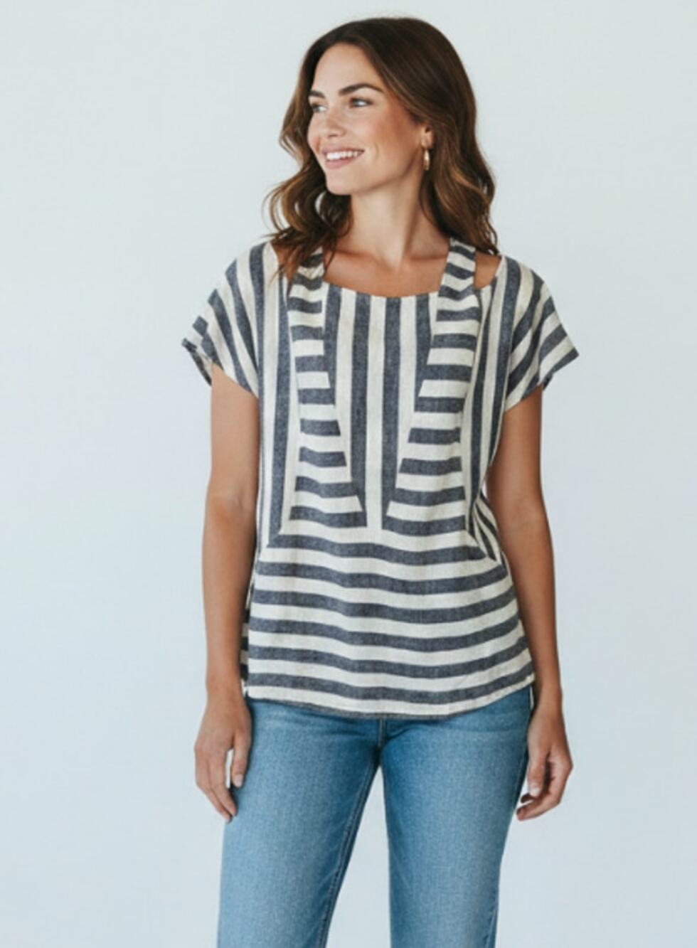 Soft Surroundings Top Wmn Medium Linen Blend Cold Shoulder Striped Tunic Blouse